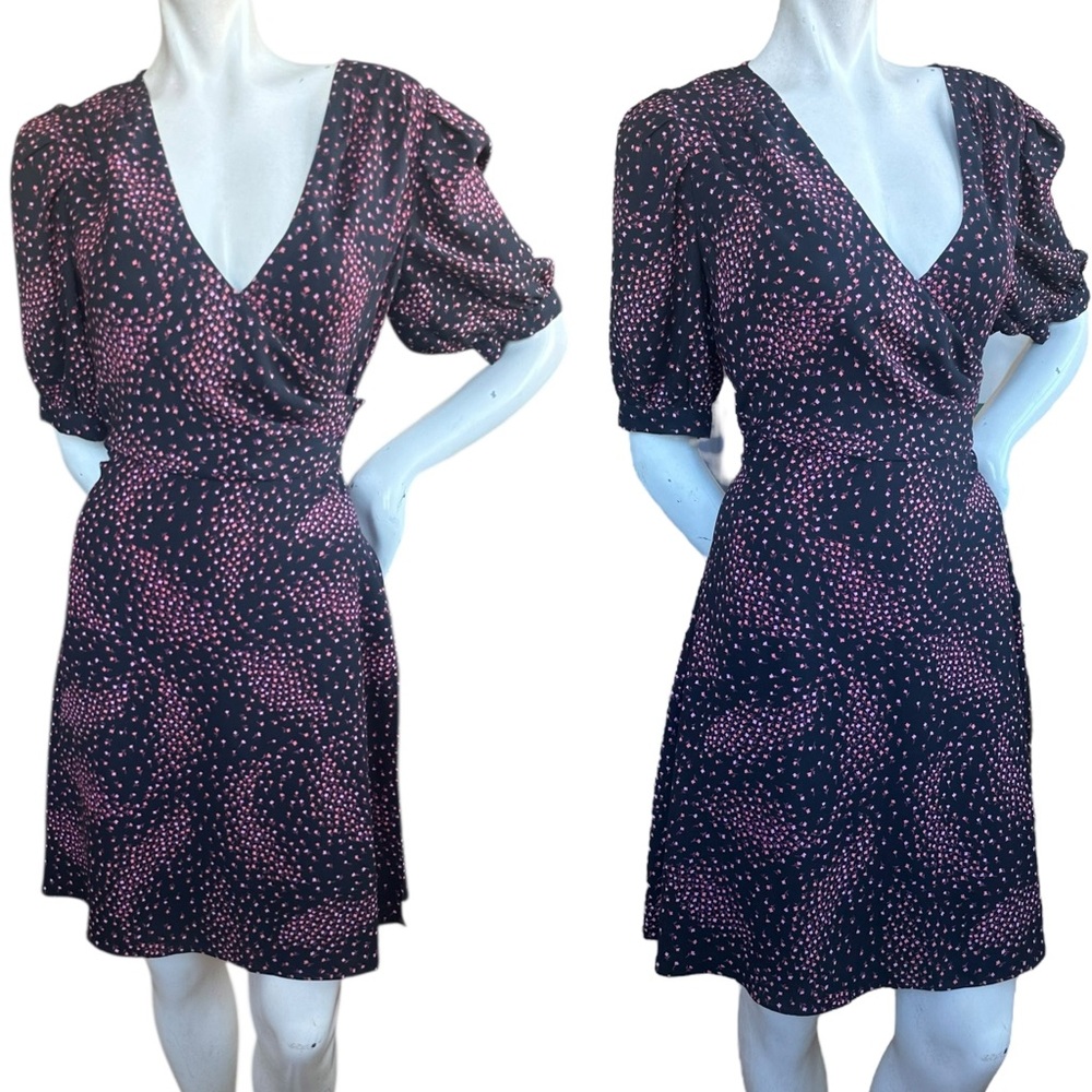 Kate Spade Girly Black Pink Floral Meadows Puff Sleeve Mini Wrap Dress Size US 6